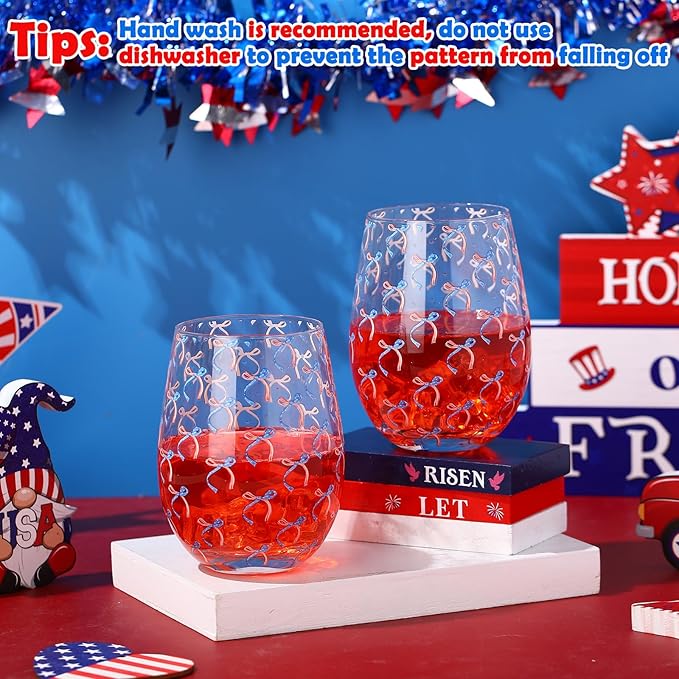 Sliner 2 Pack Patriotic Stemless Wine Glasses 17oz Red Blue Bow Drinking Glasses Independence Day Tumbler Cups for 4th of July Party Supplies Memorial Day Gift Decorations-Ruum Studio Home