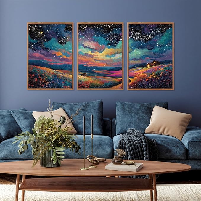 KAIRNE Framed Abstract Midnight Canvas Wall Art,Starry Night Prints Set of 3(16”X24”),Colorful Wildflowers Wall Decor,Nature Night Scene Paintings for Living Room Bedroom office Farmhouse Decoration-Ruum Studio Home