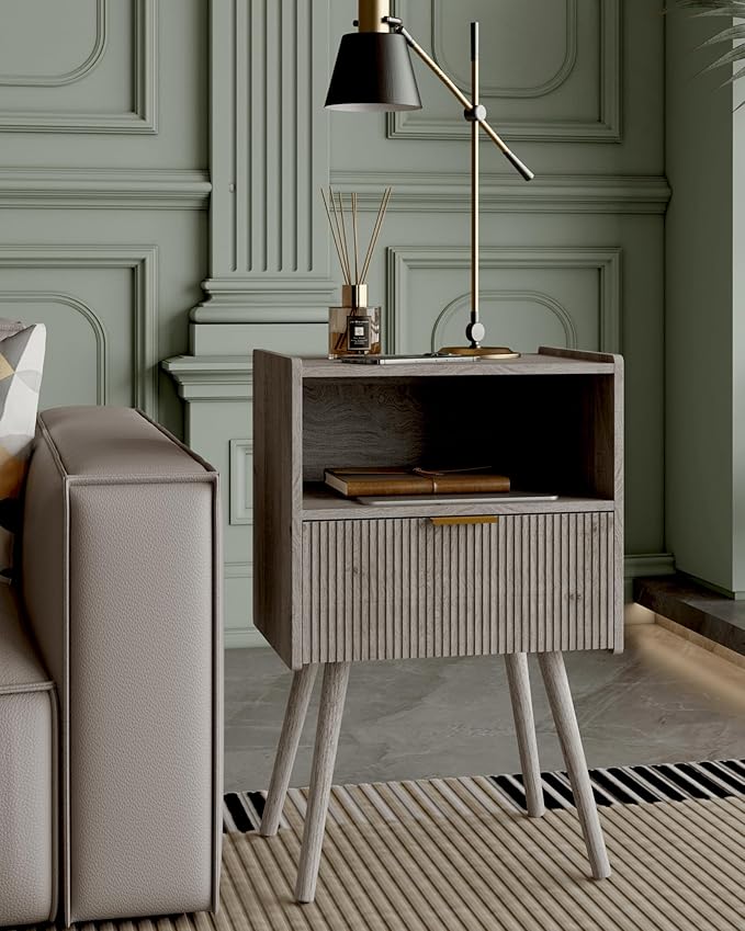 Nightstand,Modern Bedside Table with Storage Drawer and Open Wood Shelf, Accent Night Stand with Solid Wood Legs for Living Room, Bedroom and Small Spaces,Easy Assembly (Grey Oak)-Ruum Studio Home