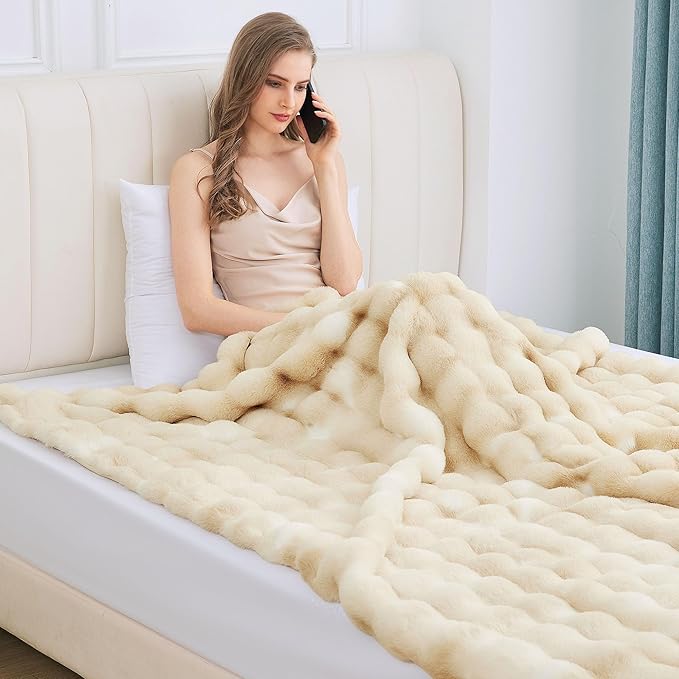Tie-dye Camel Faux Fur Rabbit Thick Throw Blanket for Couch Living Room 50x60 Fluffy Bed Furry Comforter Soft Blanket Best Housewarming Home Gifts 860 GSM-Ruum Studio Home