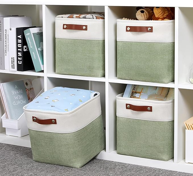 DULLEMELO Storage Baskets for Organizing, Fabric Storage Cubes for Dog Toy Box, 11 Inch Decorative Cube Storage Bins with handle for Baby Gift Basket(4 Pack - 11" White&Green)-Ruum Studio Home