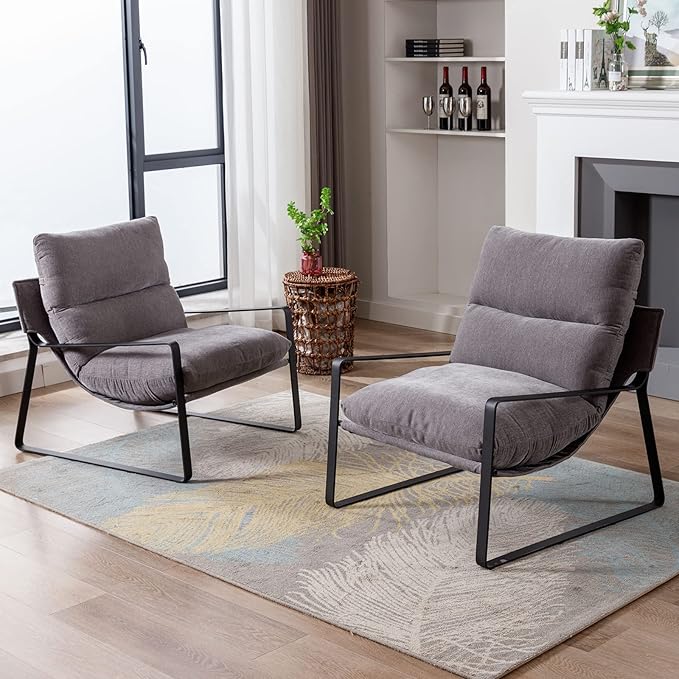 DUOMAY Modern Accent Arm Chair Set of 2, Comfy Linen Lounge Lazy Chair with Metal Leg, Mid-Century Corner Chair for Living Room Bedroom Office Apartment, Grey-Ruum Studio Home