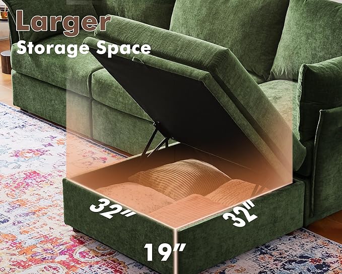 Luxury Modular Sectional Sofa, L-Shaped 3-Seat Couch with Storage Ottoman Deep Seat & Reversible Chaise Lounge Chenille Green for Compact Spaces, Apartments, Dorm-Ruum Studio Home