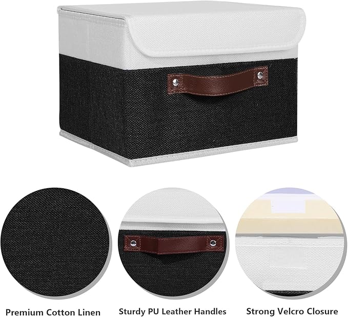 ANMINY Storage Boxes with Lids Washable Decorative Storage Bins Basket with PU Leather Handle Foldable Linen Fabric Storage Cubes Containers for Home Closet Organizer - Black White, Small Size-Ruum Studio Home