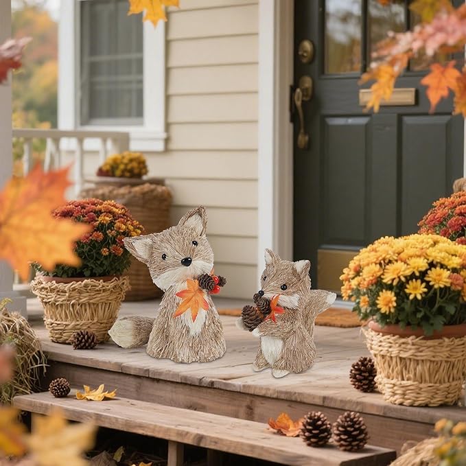 winemana Fall Decor Thanksgiving Decoration Sisal Fox, Set of 2 Table Centerpiece Foxes Animals Figurines, Handmade Ornaments Autumn Fall Decorations for Home Mantel Fireplace-Ruum Studio Home