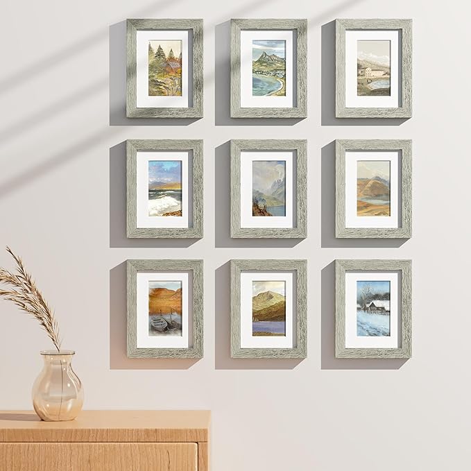 Vittanly 6x8 Picture Frames Set of 9, Shatter Resistant Plexiglass, Display 4x6 Pictures with Mat or 6x8 without Mat, Photo Frames for Wall or Tabletop, Engineered Wood, Grey-Ruum Studio Home
