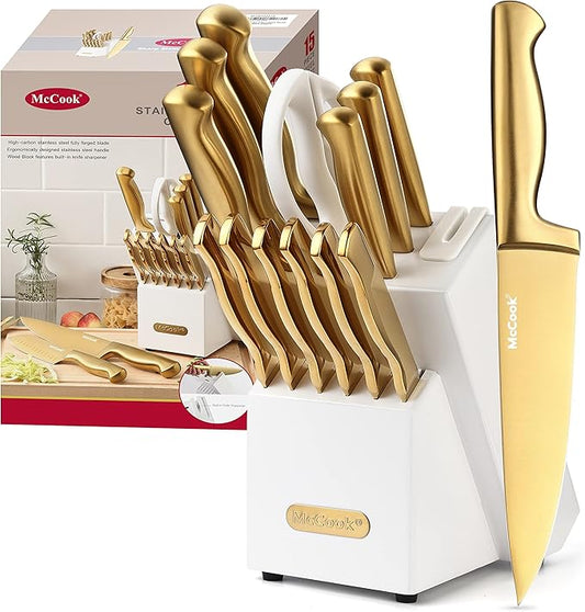 McCook® Knife Sets, Golden Titanium Stainless Steel Kitchen Knife Block Sets with Built-in Sharpener-Ruum Studio Home