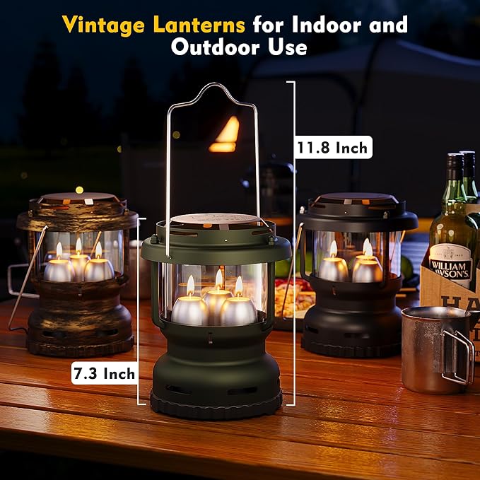3-Wick Emergency Candle Lantern for Power Outages [18H+ Burning Time] Vintage Decorative Candle Lantern for Real Candles, Outdoor Portable Camping Survival Lighting [7.1"*5.7" - Forest Green]-Ruum Studio Home