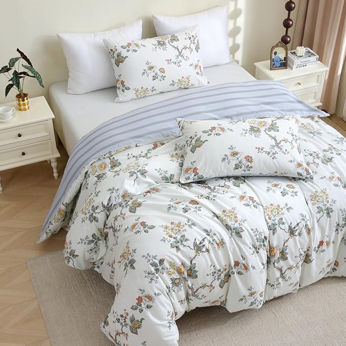 ABREEZE Floral Duvet Cover Queen Size Set Bird Flowers Bedding Set 100% Brushed Cotton Bedding Collection 1 Duvet Cover with 2 Pillowcases White-Ruum Studio Home