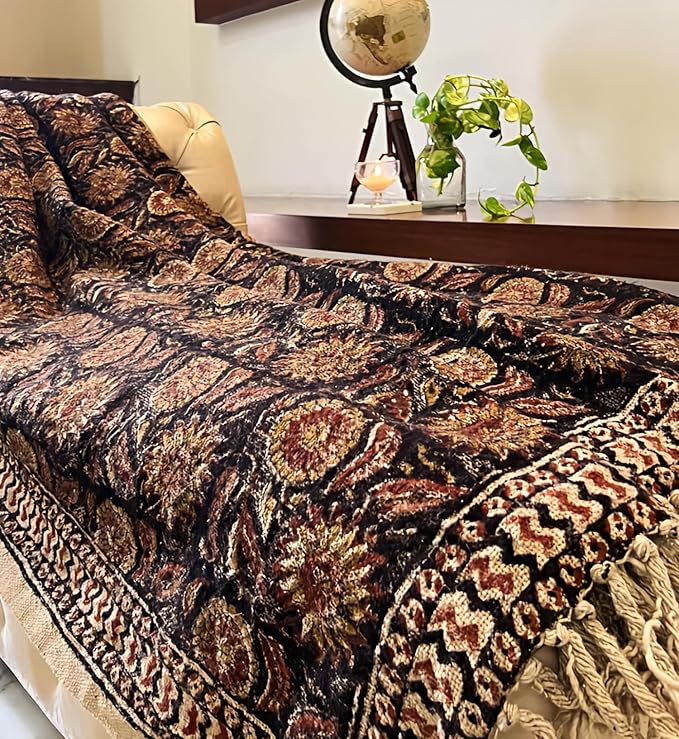 Bohemian Mud Cloth Handmade Throw with Tassels - 120x180 CM Handblock Printed Floral Cotton Blanket, Soft Handloom Sofa Throw for Living Room, Bed, Couch & Home Décor-Ruum Studio Home