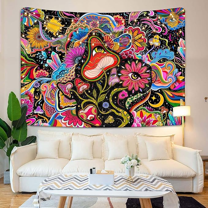 Lunerfex Mushroom Tapestry Pink Flowers Tapestry for Bedroom Aesthetic Tapestries Cute Floral Tapestries Wall Hanging for Bedroom and Living Room Decor Pink Flowers 60×80 Inches-Ruum Studio Home