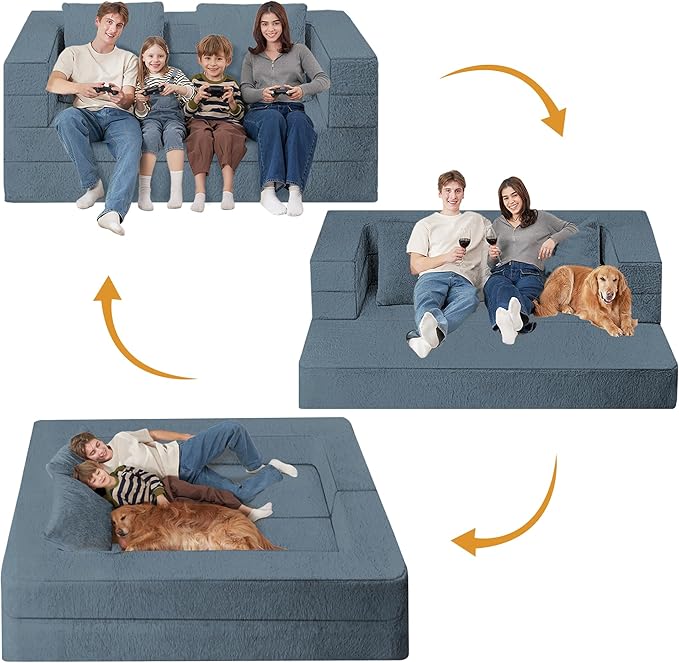 Folding Bean Bag Chair for Adults,3-in-1 Bean Bag Couch Faux Fur Floor Sofa Large Beanbag Convertible Bean Bag Sofa Bed with Pillow in Bedroom,Living Room,Apartment(Queen,Gray)-Ruum Studio Home