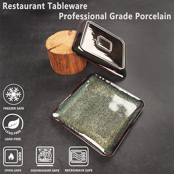 Ceramic Dinner Plates Dish Set, Set of 4, Microwave Oven and Dishwasher Safe, Scratch Resistant, Dinnerware Kitchen Porcelain Serving Dishes 9 inch Square plate-Ruum Studio Home