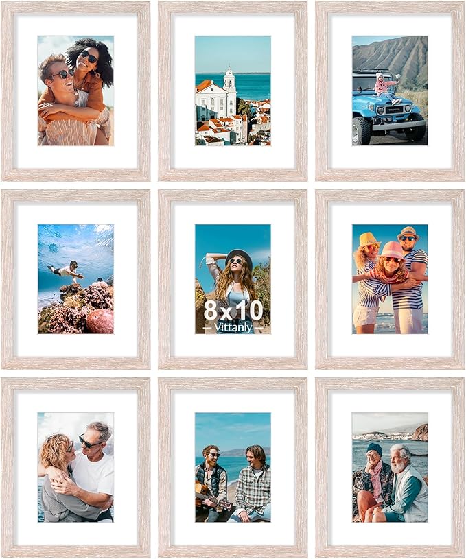 Vittanly 8x10 Picture Frames Set of 9, Shatter Resistant Plexiglass, Display 5x7 Pictures with Mat or 8x10 without Mat, Photo Frames for Wall or Tabletop, Engineered Wood, Rustic Pink-Ruum Studio Home