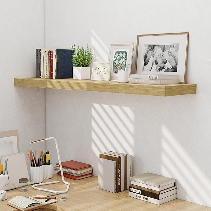 Fun Memories 55 Inch Fireplace Mentel Shelf, 10 Inch Deep Shelves for Display & Wall Storage, Rustic Wood Wall Shelf, Extra Long Floating Shelves for Living Room Laundry Room, Oak, Set of 1-Ruum Studio Home