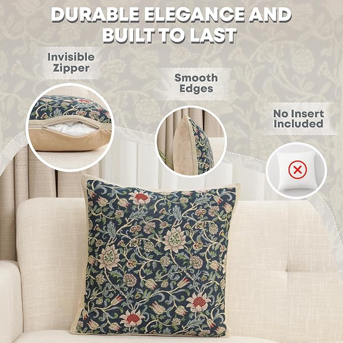 Charlotte Home Furnishings Throw Pillow Covers 16x16 in, Blue Flowers Decorative Couch Pillow Cover, Boho Decor European Tapestry Cushion Cases, Living Room Cozy Home Decor, Jacquard Woven Soft Cotton-Ruum Studio Home