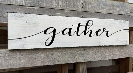 Gather Signs for Home Decor White, Rustic Farmhouse Dining Room Decor Wood Wall Hanging Plaque Gather Wall Decor for Living Room Kitchen Signs 6x18 Inch-Ruum Studio Home