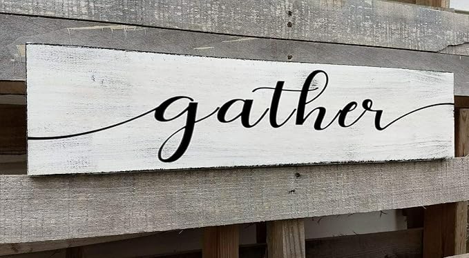 Gather Signs for Home Decor White, Rustic Farmhouse Dining Room Decor Wood Wall Hanging Plaque Gather Wall Decor for Living Room Kitchen Signs 6x16 Inch-Ruum Studio Home