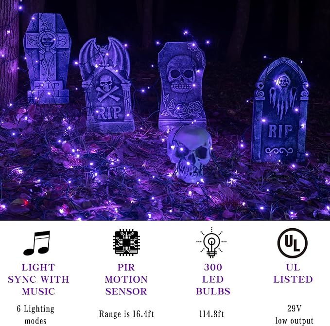 Rotu Halloween Lights Outdoor 114.8 ft 300 LED String Lights with Music Sync Spooky Sounds Halloween Decorations Fairy Lights Indoor Waterproof for Yard Porch Haunted House Decor (Purple)-Ruum Studio Home