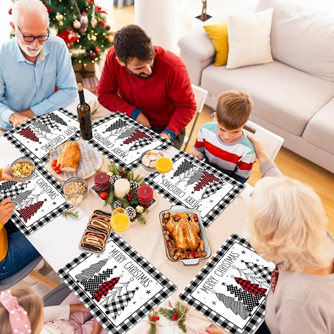 Christmas Placemats Set of 6 Christmas Tree Plastic Table Mats Xmas Trees Black and White Buffalo Plaid Place Mats Winter Holiday Table Decoration for Indoor Outdoor Party Kitchen Dining-Ruum Studio Home