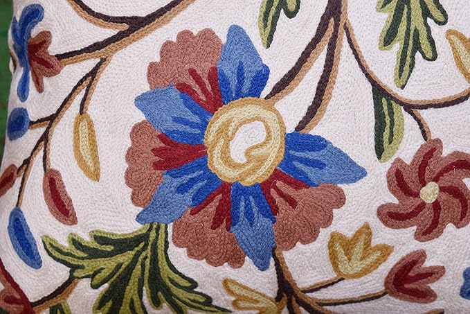 Dahlia Floral Pillow Cover - Cream Flower Pillowcase - Outdoor Cushion - Suzani Farmhouse Chair Throw - Traditional Chair Cushions - Hand Embroidered Wool Size - 18x18-Ruum Studio Home