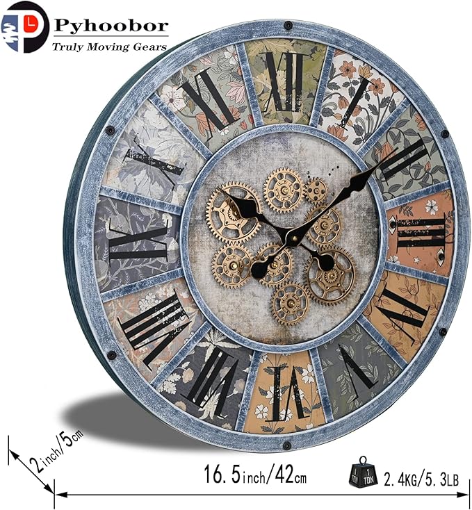 Unique Moving Gear Large Wall Clock - Battery Powered. Retro Industrial Steampunk Country Farmhouse Decor for The Living Room Kitchen Bars cafes and Offices (Blue/Metal/Round)-Ruum Studio Home