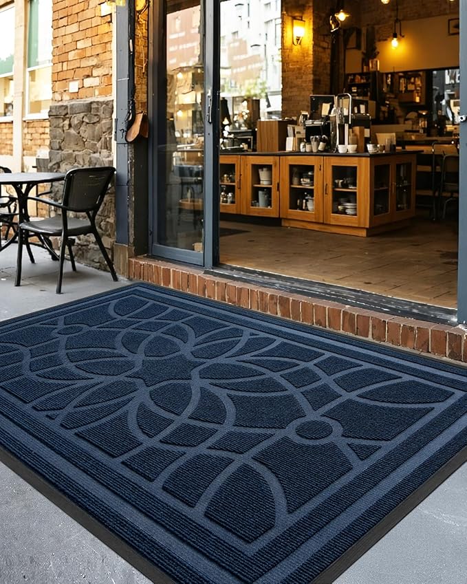 DEXI Front Door Mat Outside Entrance, Heavy Duty Non Slip Low Profile Doormat for Entryway, Trap Dirt and Moisture Welcome Mats, Easy Clean, Patio, Garage, 5x3, Blue-Ruum Studio Home