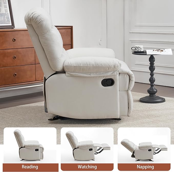 Rocker Recliner Chair, Overstuffed Manual Rocking Recliner for Adults, Upholstered Comfy Soft Fabric Living Room Reclining Sofa Chair (Beige Fabric)-Ruum Studio Home