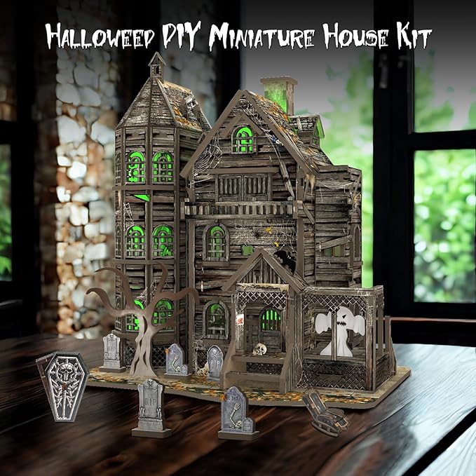 DIY Mini House Kit, Miniature Haunted House Kits with LED Accessories Furniture, 3D Wooden Puzzles for Adults, Dollhouse Craft Gifts for Girls, Boys, Teens-Ruum Studio Home
