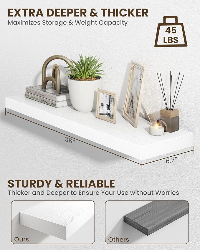 Marsmiles 36" Floating Shelves for Wall, Wooden Shelves with Invisible Brackets Set of 2, Rustic Farmhouse Wall Mounted Shelf for Kitchen Bathroom Living Room Study, White-Ruum Studio Home
