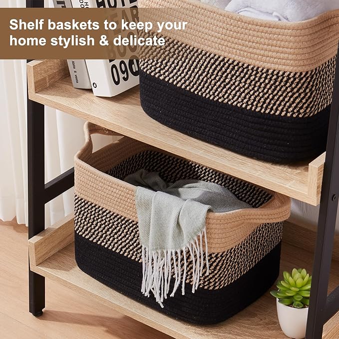 Storage Basket for Organizing, Woven Baskets for Storage, Rectangle Decorative Baskets for Shleves, Closet, Toys, Books, Nursery Organizer Bins - Pack of 3 (Black & Brown)-Ruum Studio Home