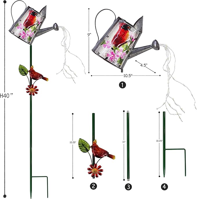 Garden Solar Lights Outdoor, Metal Watering Can Garden Stake Lights Cardinal Bird Decor Glass Art for Walkway, Pathway, Yard, Lawn-Ruum Studio Home