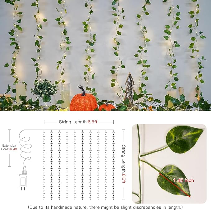 suddus 200 LED Vine with Light Plug in, 6.5ft x 6.5ft Pothos Fairy Curtain Lights with Remote, Leaf Fairy Lights for Wall,Bedroom, Dorm, Wedding, Party, Indoor Decor(Warm White)-Ruum Studio Home