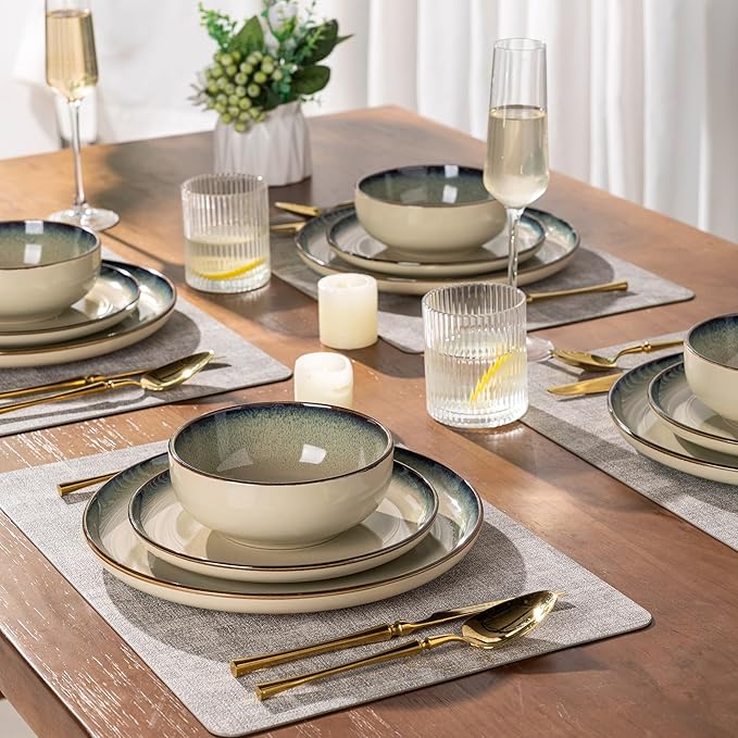 GBHOME Ceramic Dinnerware Sets for 4, 12 Pieces Stoneware Plates and Bowls Sets, Scratch Resistant Dishes, Dishwasher & Microwave Safe, Reactive Glaze-Gravel-Ruum Studio Home