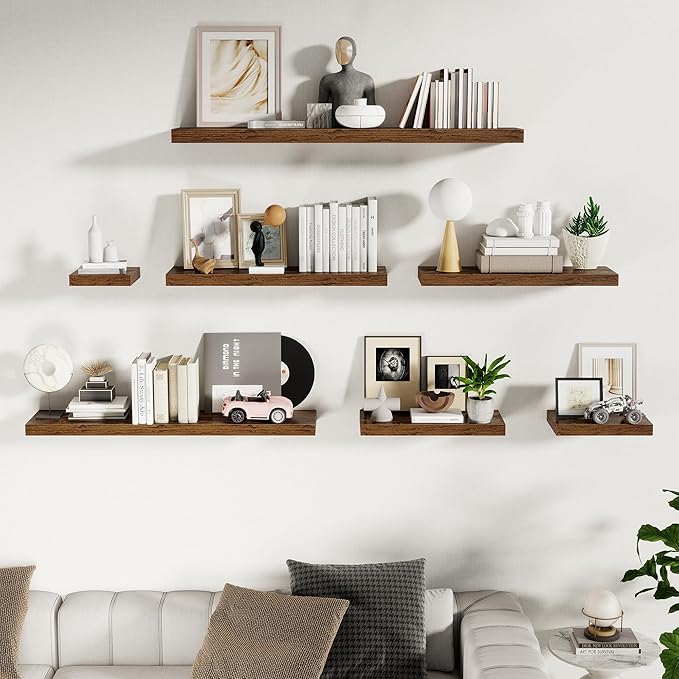 Fun Memories Wood Floating Shelves 16 Inch, 10 Inch Deep Shelves Wall Mount, Wall Shelves with Invisible Bracket, 16" Floating Shelves for Living Room Bathroom Bedroom, Rustic Brown, Set of 2-Ruum Studio Home