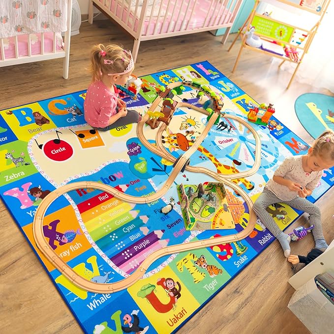 Kids Rugs for Playroom Bedroom Classroom Nursery, Non-Slip and Washable Rugs for Children Toddlers Girls, Educational and Fun Rug Carpets with ABC Alphabet Animals Shapes, 7x10, Blue-Ruum Studio Home