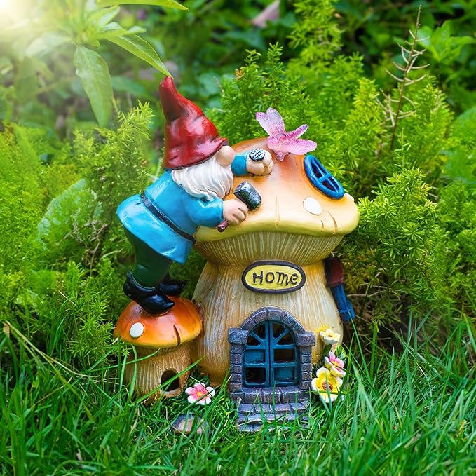 Garden Gnome Statues Figurine Lights - Solar Powered Lighting Outdoor Decorations, Gnome Build Mushroom Fairy House, Yard Art Lawn Ornaments for Porch Patio Balcony - Gnome Gifts for Women Mom-Ruum Studio Home