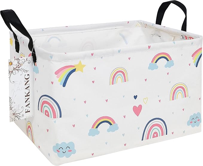 FANKANG Storage Bins, Nursery Hamper Canvas Laundry Basket Foldable with Waterproof PE Coating Large Storage Baskets for Kids Boys and Girls, Office, Bedroom, Clothes,Toys(Rec-Love Rainbow-Ruum Studio Home