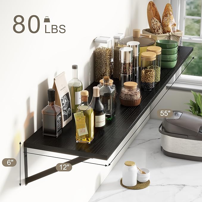 Fun Memories Deep Floating Shelves, 55W x 12D Floating Shelves for Wall, Wood Black Floating Shelf with Bracket, Wide Display & Storage Wall Shelves for Living Room, Bedroom,-Ruum Studio Home