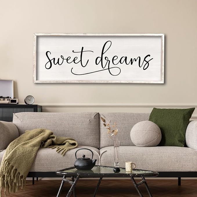 comurdyo Sweet Dreams Wall Decor Above Bed Sign 32" x 12" Master Bedroom Wooden Antique Framed Large Rustic Farmhouse Guest Room Beautiful Simple Hanging Plaque Over Bed Wall Art (White)-Ruum Studio Home