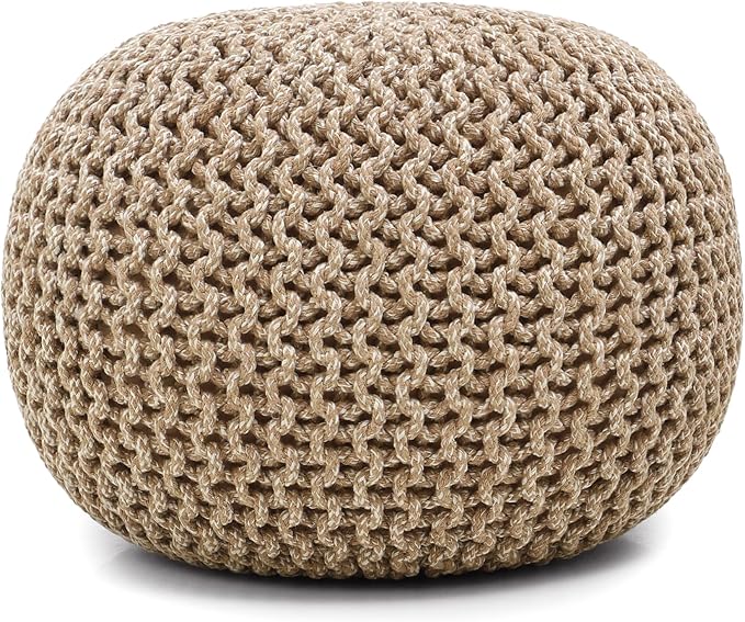 REDEARTH Round Pouf Ottoman - Hand Knitted Cable Boho Poof Home Décor Pouffe Circular Footrest for Living Room - Nursery - Bedroom - Lounge 100% Cotton (18”x18”x14”) - Beige Ivory-Ruum Studio Home