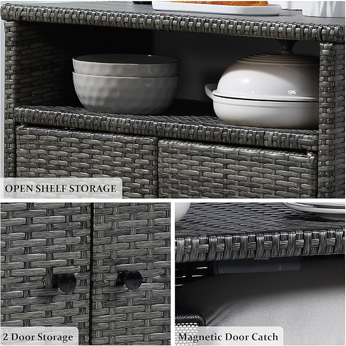 Outdoor Wicker Storage Cabinet,Patio Bar Table with Wheel, Outdoor Buffet Cabinet Movable, Garden Weather-Proof Bar Table/Cart for Indoor&Outdoor (Morden Gray)-Ruum Studio Home