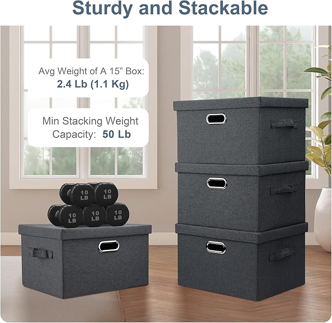 Medium 15" 21 Quart Collapsible Stackable Storage Bins with Lids, 3 Packs Dark Grey Foldable Fabric Closet Boxes Heavy-duty Linen Cube Baskets Container for Bedroom Office (15 x 11 x 8)-Ruum Studio Home