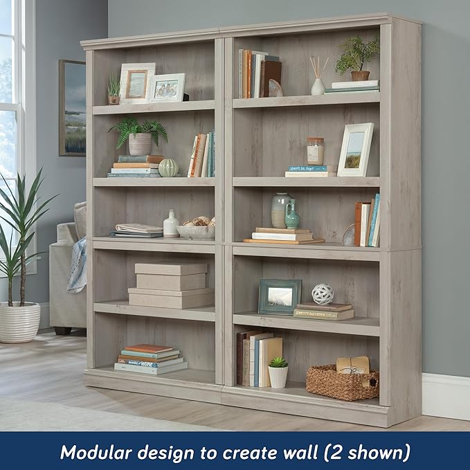 Sauder 5 Tier Book Shelf Wooden Bookcase Multipurpose Bookshelf for Home Office, Living Room, in Chalked Chestnut-Ruum Studio Home