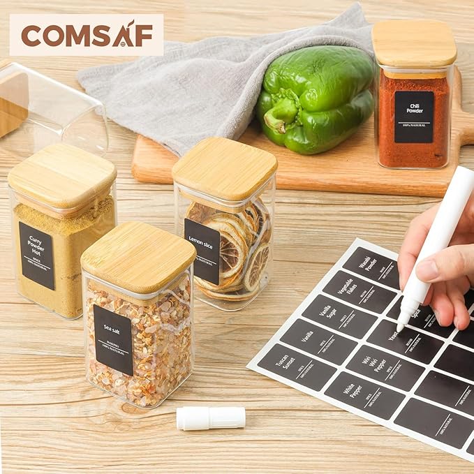 ComSaf Spice Jars with Labels 8 oz 16Pack, Small Spice Containers Starter Set, Glass Seasoning Jars with Lids, Square Seasoning Containers for Salt, Pepper, Chili Powder, Sugar, Loose Tea Storage-Ruum Studio Home