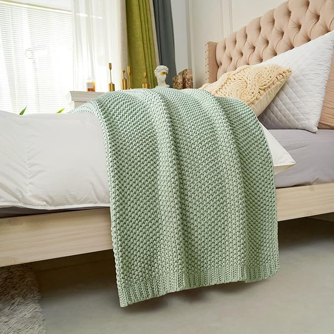 Chunky Cable Knit Throw Blanket Lightweight Light Green 100% Organic Cotton Blanket for Sofa Couch Bed Baby Nursery, Rustic Shabby Chic Modern Farmhouse, 51” x 63” Bonus Laundering Bag-Ruum Studio Home