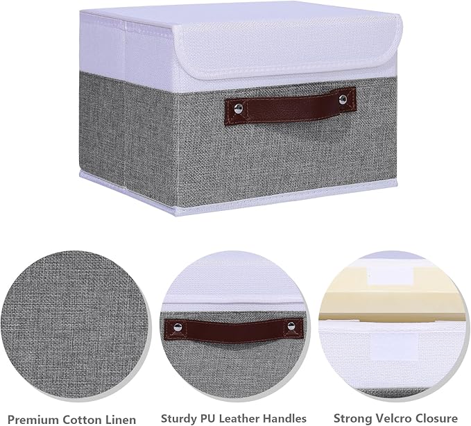 ANMINY 4PCS Storage Boxes with Lid Washable Decorative Storage Bins Basket with PU Leather Handle Foldable Linen Fabric Storage Cubes Containers for Home Closet Organizer - Gray White, Small Size-Ruum Studio Home