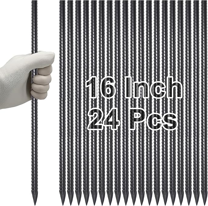 VVOKGO Rebar Stakes 16 Inches Ground Concrete Form Stakes (24pcs), Straight Metal Spikes Heavy Duty with Chisel Point End, 5/16" Diameter Steel Anchors for Fence, Concrete Timber, Garden Plants, Black-Ruum Studio Home