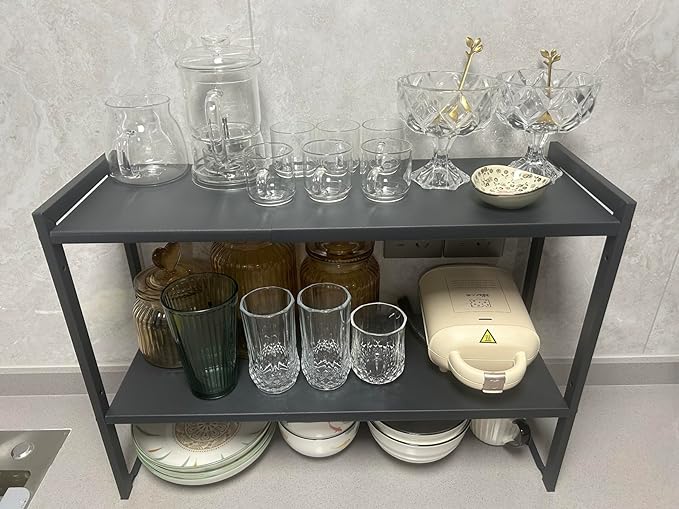 2 Tier Expandable Cabinet Shelf Organizer 14.5-25" L Kitchen Counter Shelf Rack Stand Sink Riser Countertop Storage Black (Normal 7.9”D)-Ruum Studio Home