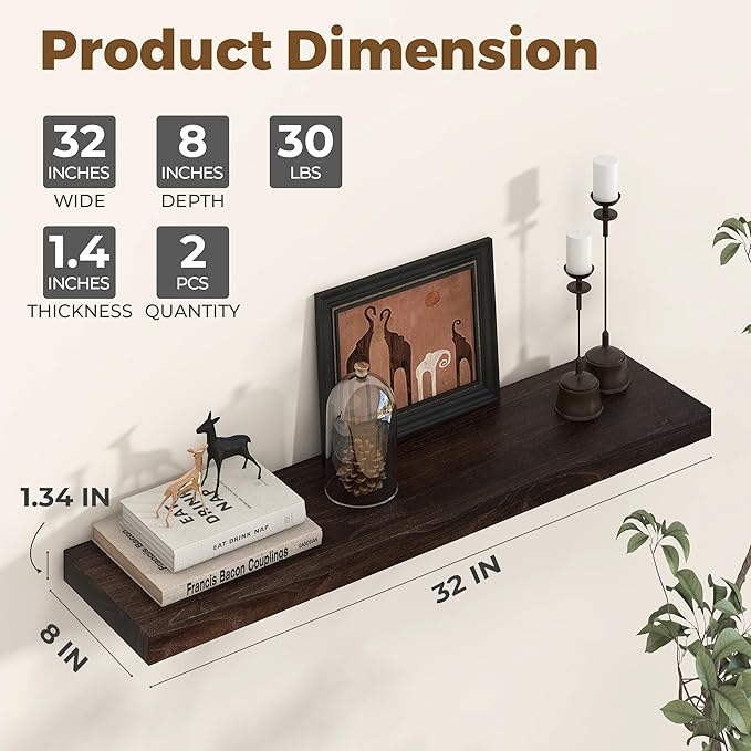 Axeman Floating Shelves for Wall - 32''W x 8'' D Rustic Solid Elm Wood Shelves for Storage, Wall Mounted Display Shelving with Invisible Heavy-Duty Metal Bracket (Walnut, 2PCs)-Ruum Studio Home